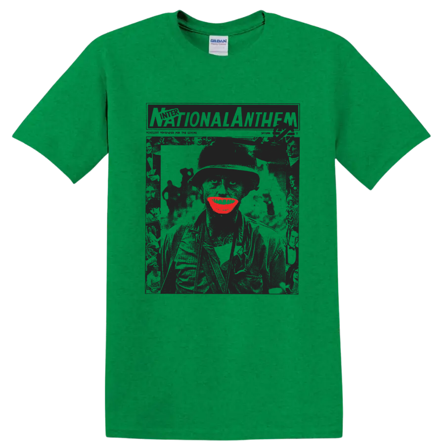 Crass punk rock distressed poster graphic with vivid red accent on a Antic Irish Green T Shirt