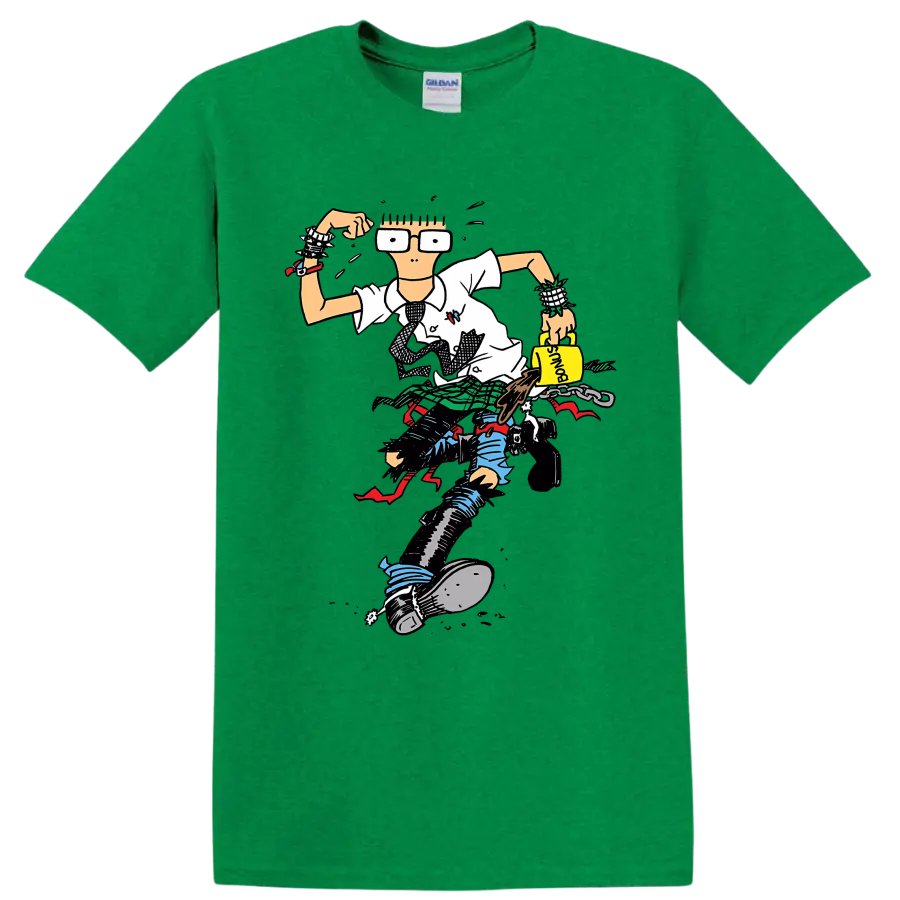 Descendents punk rock character illustration with oversized glasses and plaid details on a Antic Irish Green T Shirt