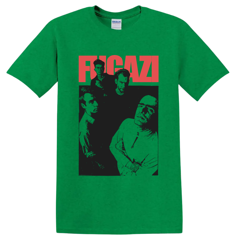 Fugazi punk rock graphic with red FUGAZI lettering and dark band portraits on a Antic Irish Green T Shirt