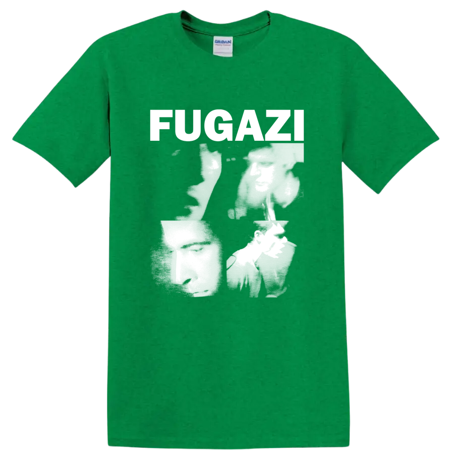 Fugazi distressed punk rock lettering graphic print on a Antic Irish Green T Shirt