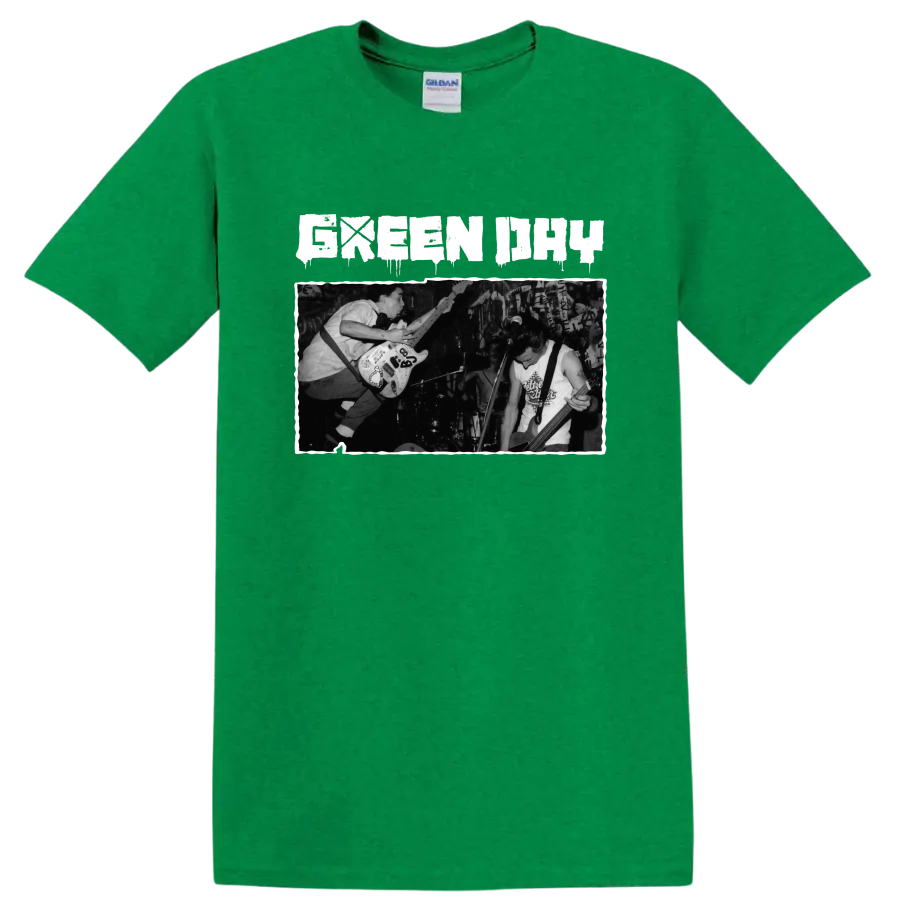 Green Day punk rock live performance graphic with guitarists on stage on a Antic Irish Green T Shirt