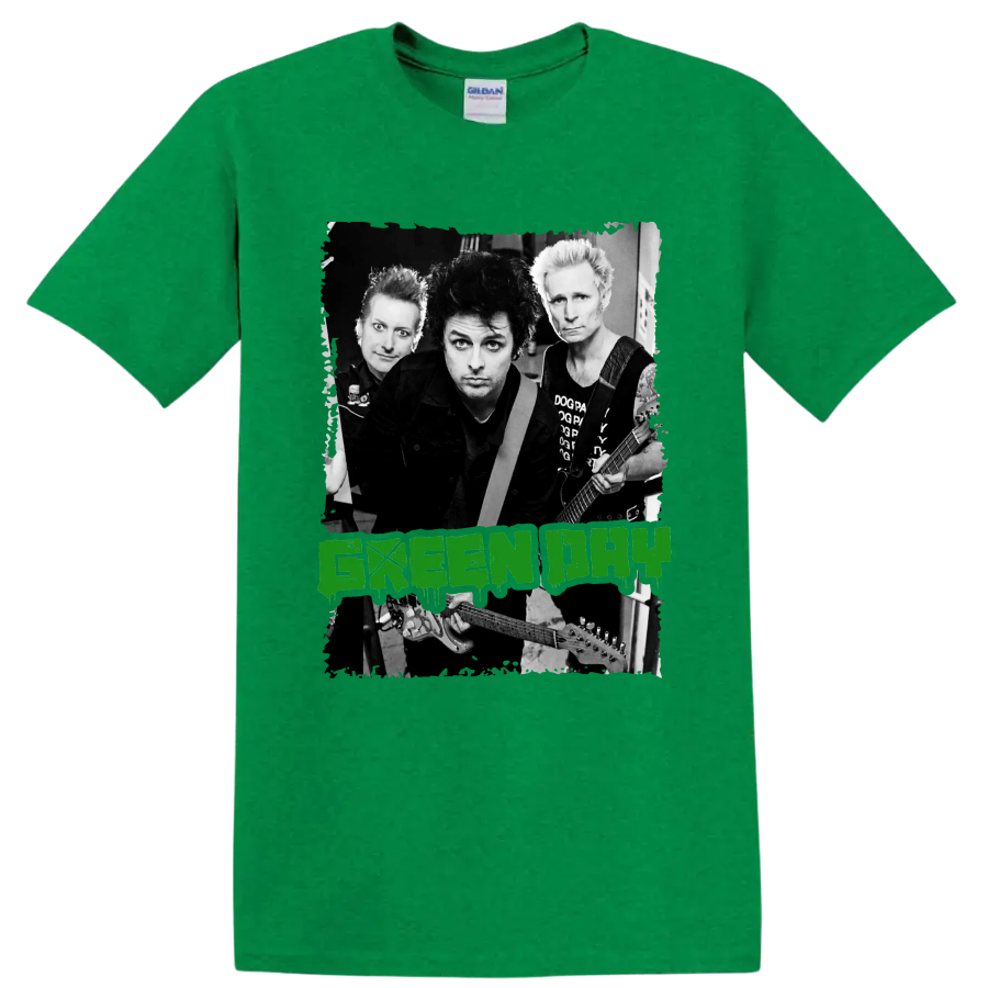Green Day punk rock band portrait with guitars and distressed green lettering on a Antic Irish Green T Shirt