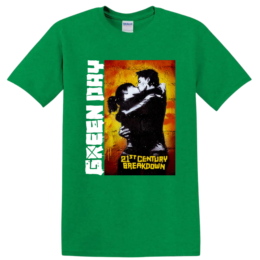Green Day 21st Century Breakdown punk rock graphic with embracing couple on a Antic Irish Green T Shirt