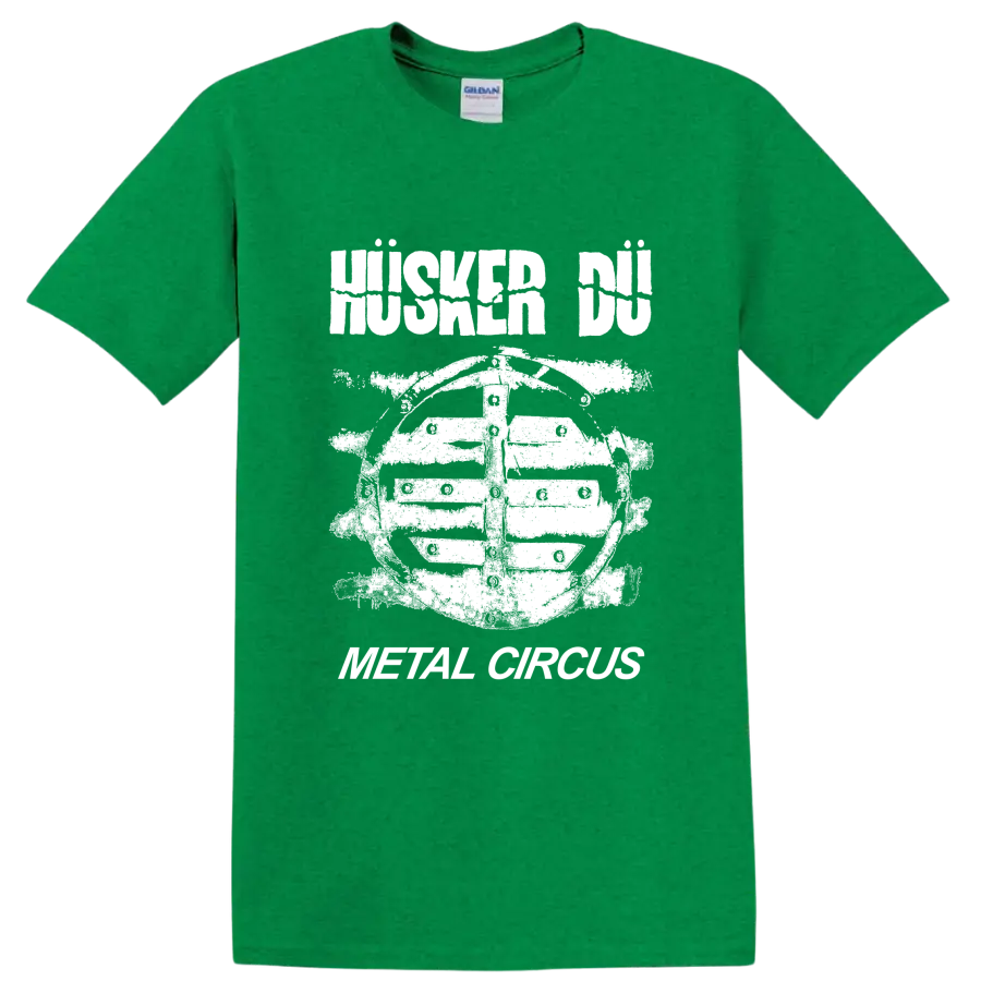 Husker Du punk rock graphic with bold band lettering and illustrated figure on a Antic Irish Green T Shirt