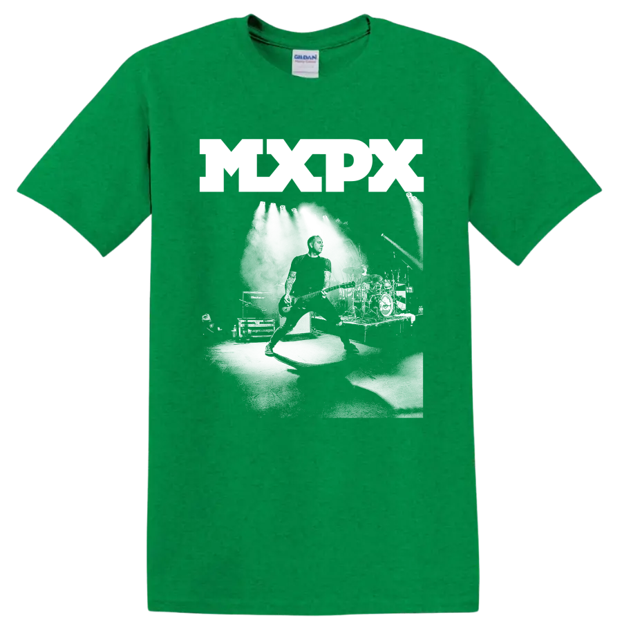 MxPx punk rock graphic print with bold lettering and monochrome illustration on a Antic Irish Green T Shirt