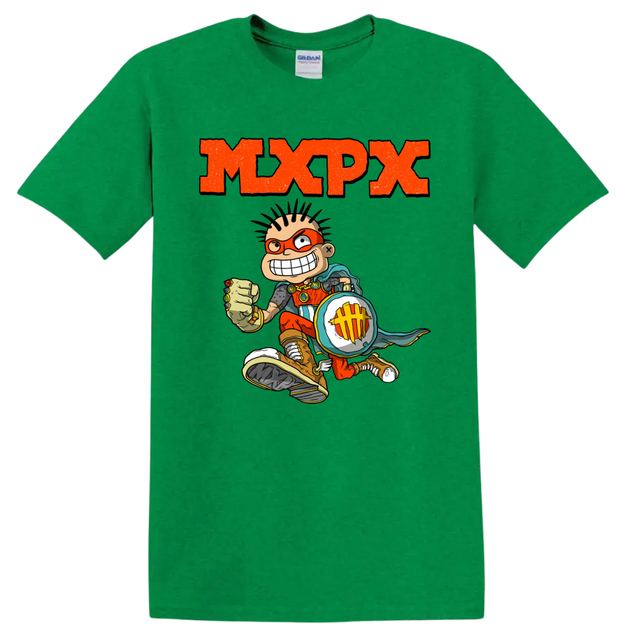 MxPx punk rock graphic with comic skateboarder and distressed orange lettering on a Antic Irish Green T Shirt