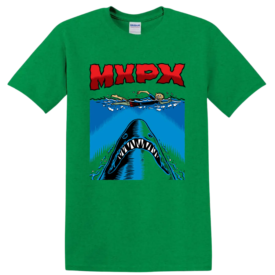 MxPx punk rock shark graphic with swimmer and ocean waves on a Antic Irish Green T Shirt