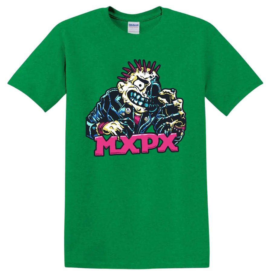 MxPx punk rock mohawked skeleton graphic with bold pink lettering on a Antic Irish Green T Shirt