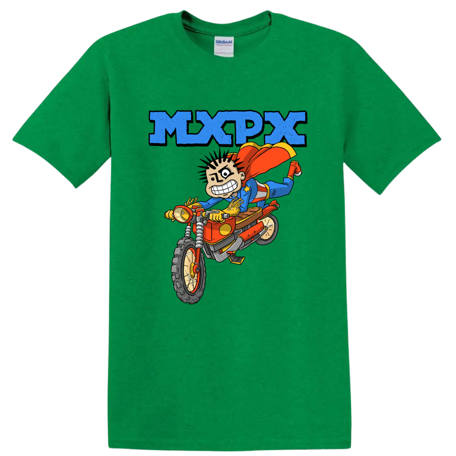 MxPx punk rock cartoon rider on dirt bike graphic on a Antic Irish Green T Shirt