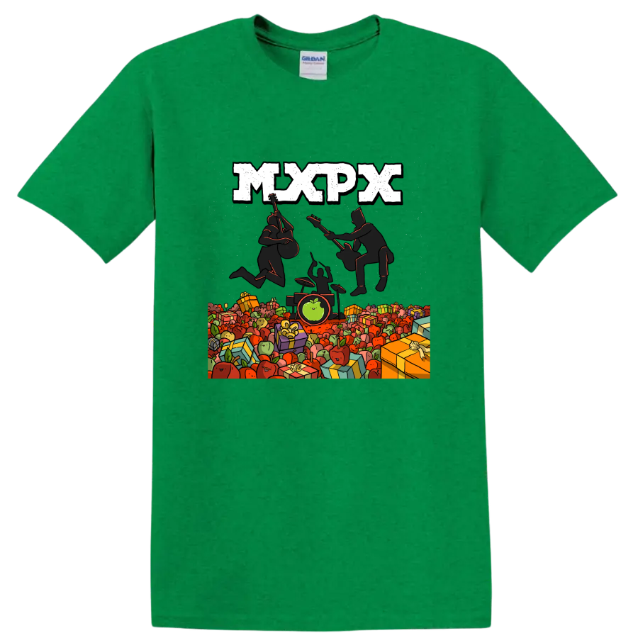 MxPx punk rock graphic with musicians, apples, and wrapped gifts on a Antic Irish Green T Shirt