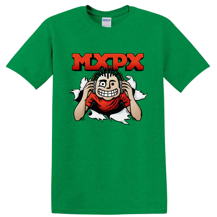 MxPx punk rock graphic with distressed lettering and grinning mohawk character on a Antic Irish Green T Shirt