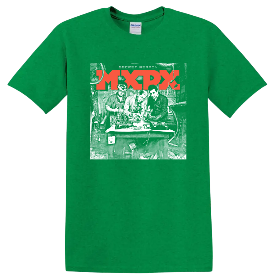 Distressed red MxPx punk rock band logo graphic on a Antic Irish Green T Shirt