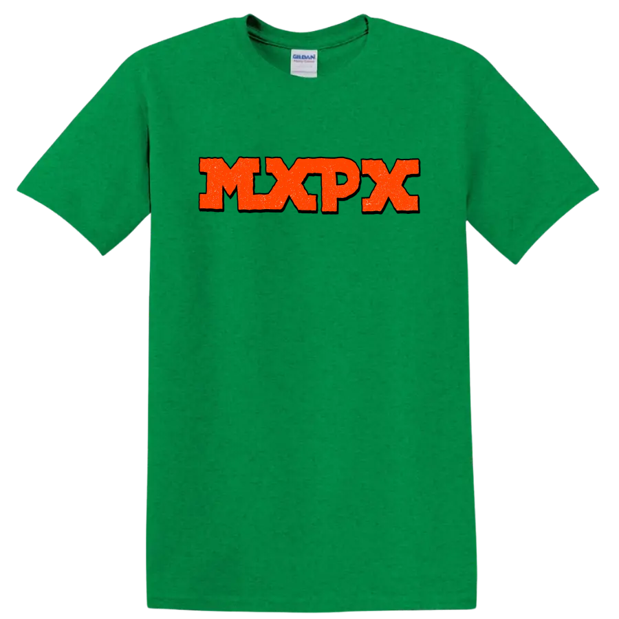 MxPx distressed punk rock band logo graphic on a Antic Irish Green T Shirt