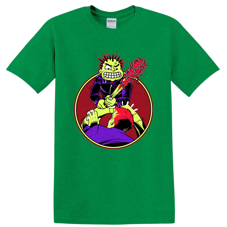 MxPx punk rock character with barbed wire bat graphic on a Antic Irish Green T Shirt