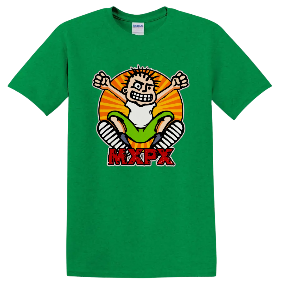 MxPx punk rock cartoon skateboard graphic with distressed red lettering on a Antic Irish Green T Shirt