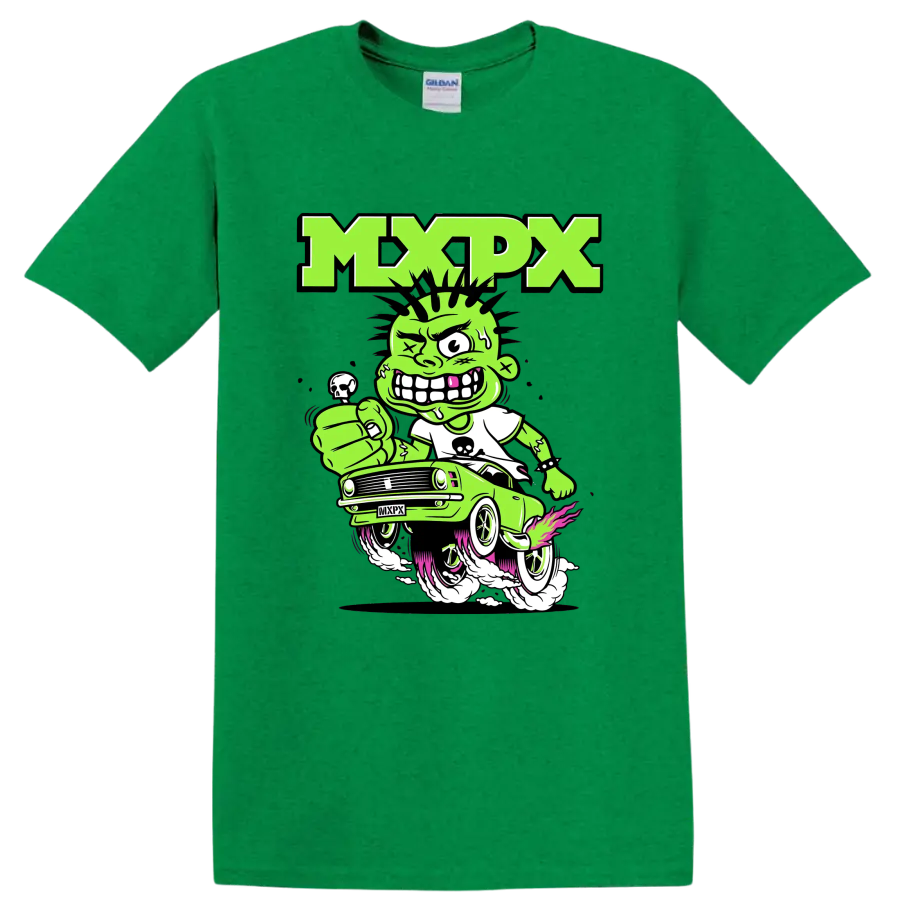 MxPx punk rock cartoon car graphic with green character on a Antic Irish Green T Shirt