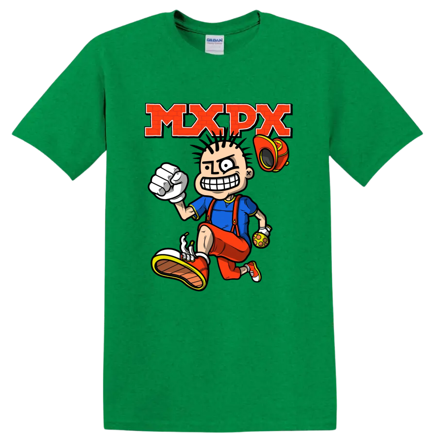 MxPx punk rock cartoon skateboarder graphic with bold red lettering on a Antic Irish Green T Shirt