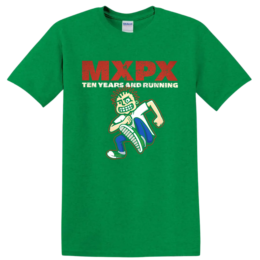 MxPx Teenage Politics distressed punk graphic with cartoon character on a Antic Irish Green T Shirt