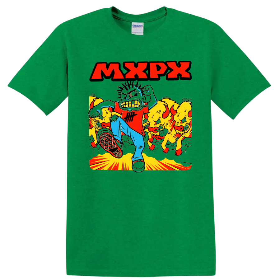 MxPx cartoon skateboarder and yellow creatures punk rock graphic on a Antic Irish Green T Shirt
