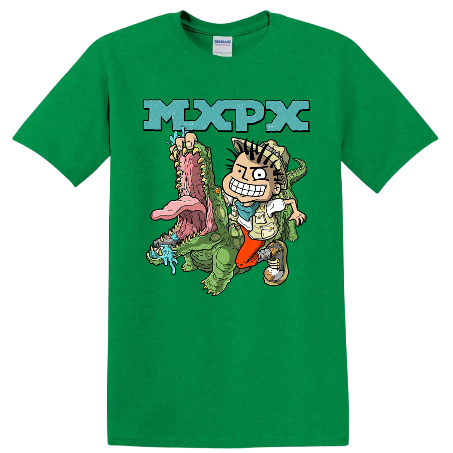 MxPx cartoon punk rock design with character riding a green crocodile on a Antic Irish Green T Shirt