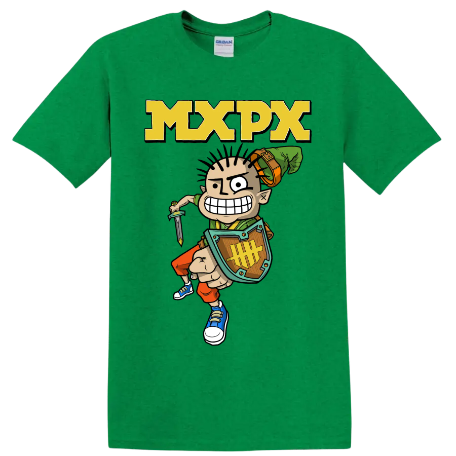 MxPx cartoon warrior punk rock graphic with bold MXPX lettering on a Antic Irish Green T Shirt