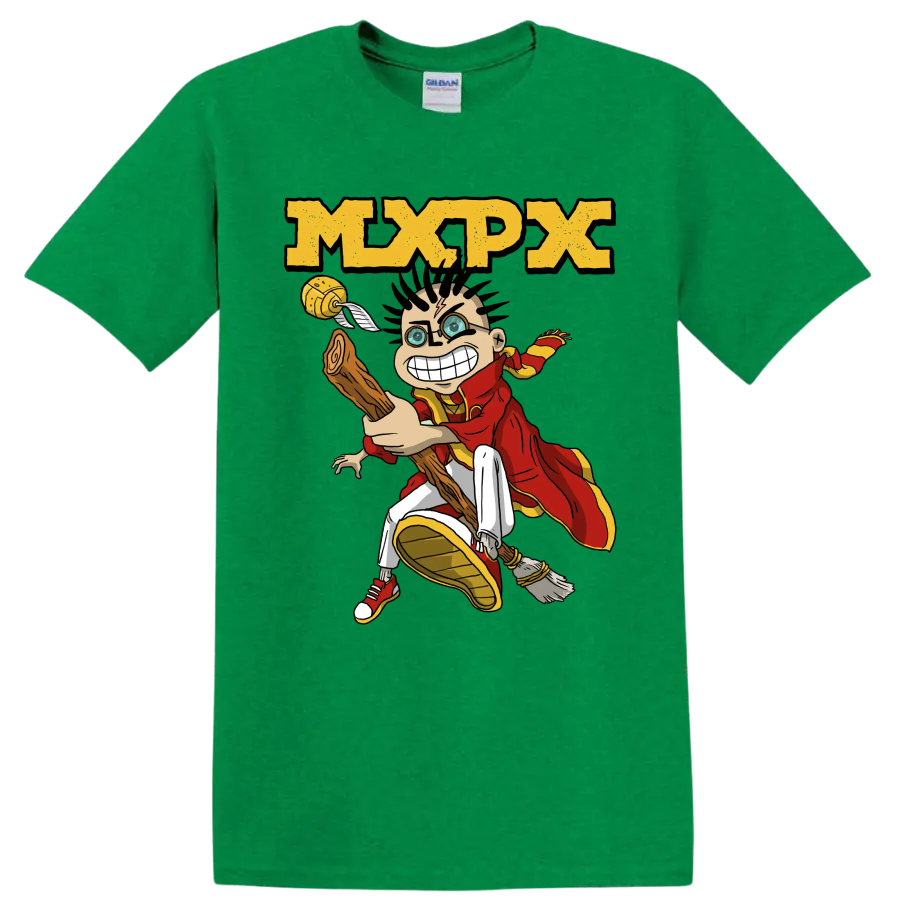 MxPx punk rock cartoon character graphic with distressed logo on a Antic Irish Green T Shirt