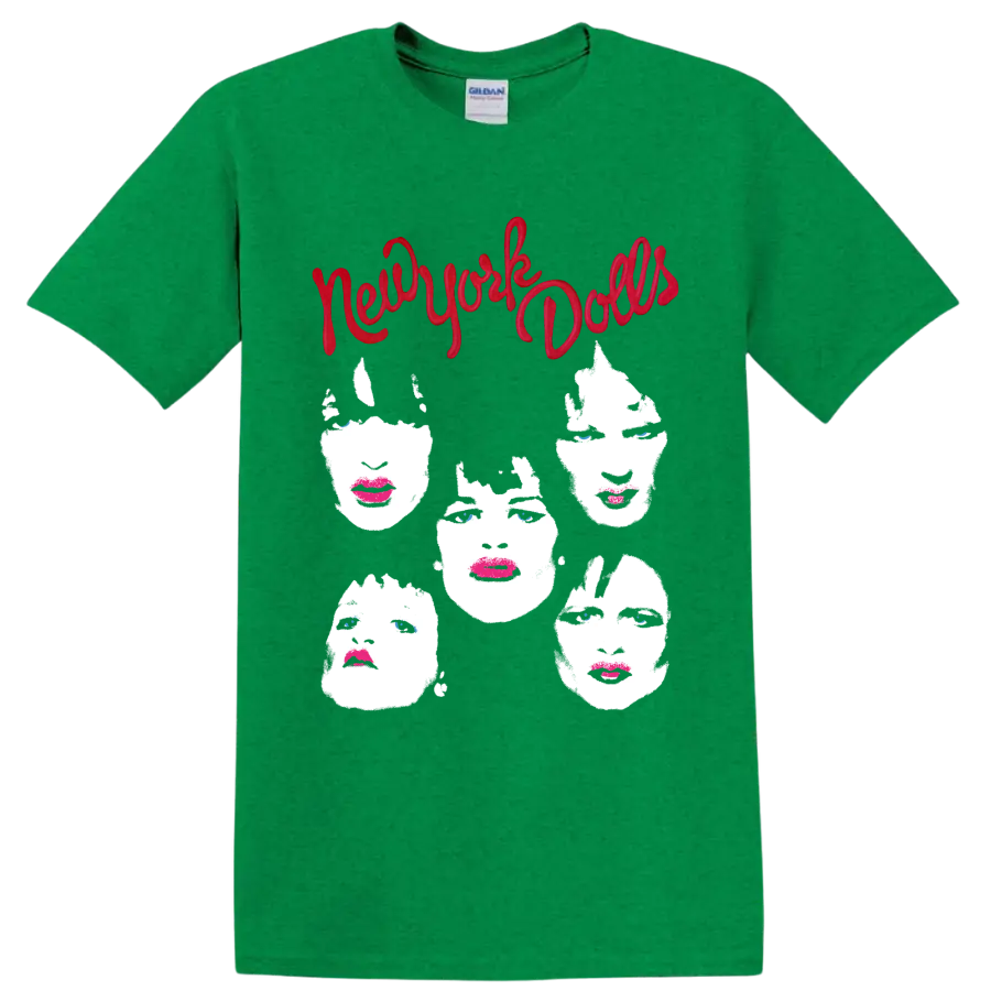 New York Dolls punk rock graphic with red script and five stylized faces on a Antic Irish Green T Shirt
