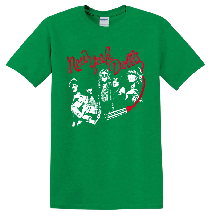 New York Dolls punk rock graphic with red script and white performers on a Antic Irish Green T Shirt