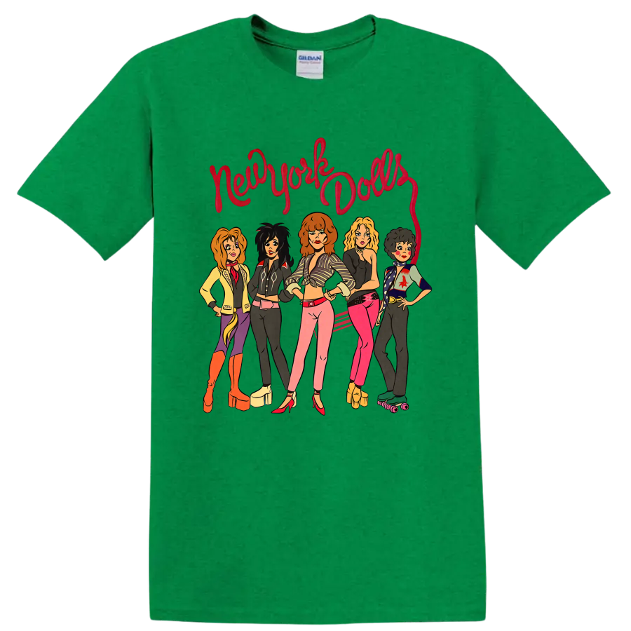 New York Dolls illustrated punk rock band graphic with red script lettering on a Antic Irish Green T Shirt