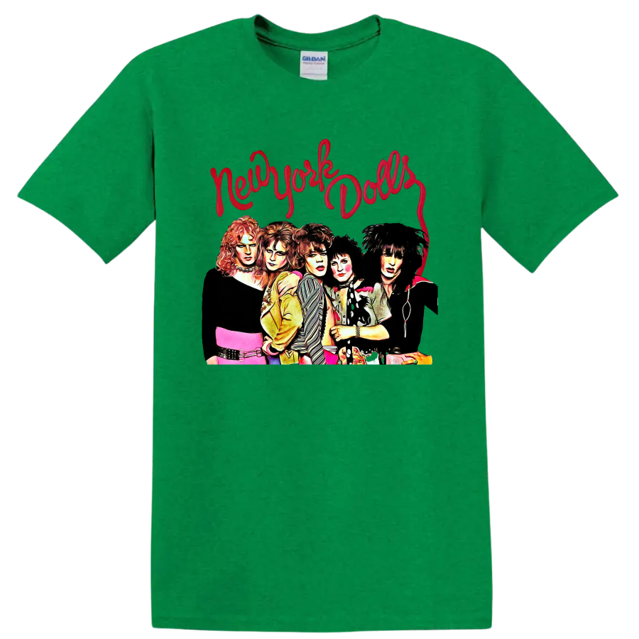 New York Dolls punk rock group portrait with red script lettering on a Antic Irish Green T Shirt