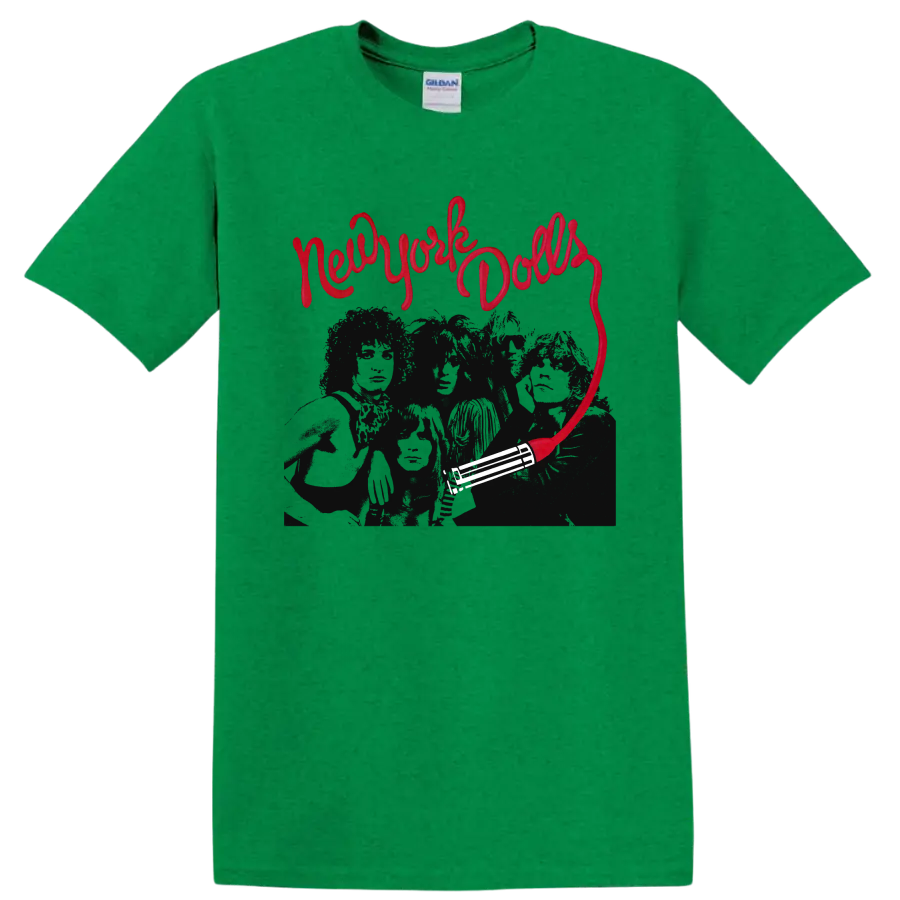 New York Dolls red script punk rock graphic with dark band portrait on a Antic Irish Green T Shirt