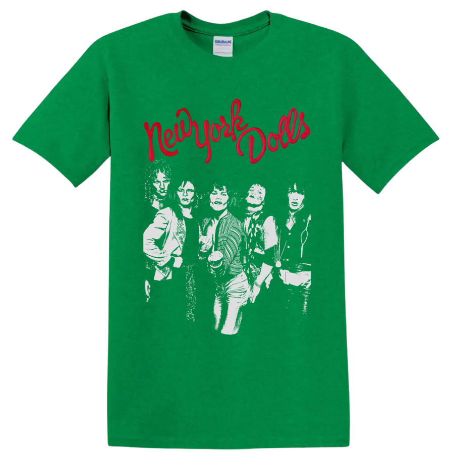 New York Dolls distressed punk rock band graphic with red script lettering on a Antic Irish Green T Shirt