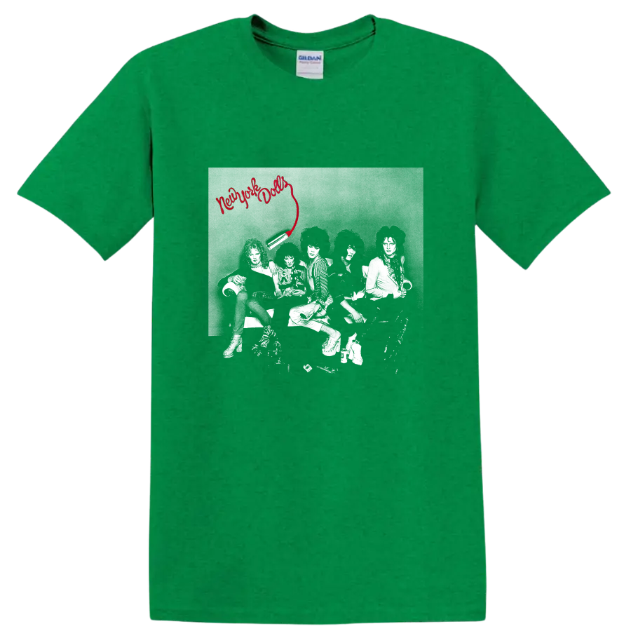 New York Dolls punk rock graphic with red script and band photo on a Antic Irish Green T Shirt