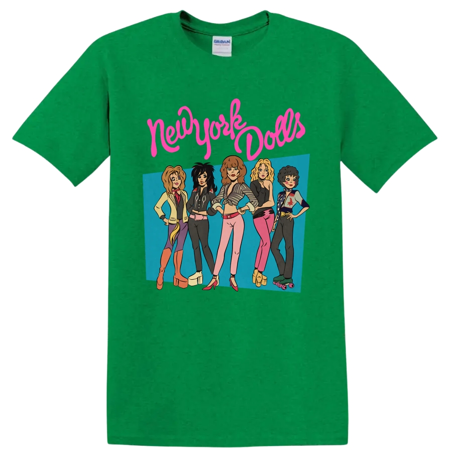 New York Dolls punk rock band graphic with five performers and pink lettering on a Antic Irish Green T Shirt