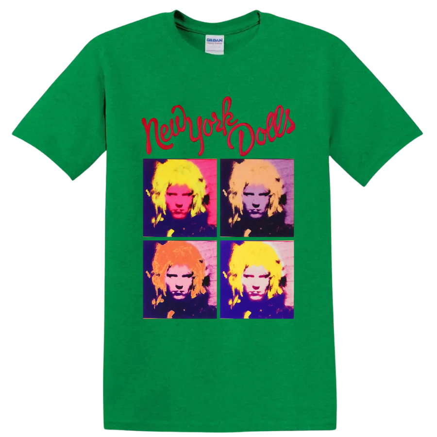 New York Dolls four-panel pop art portrait with red script lettering on a Antic Irish Green T Shirt