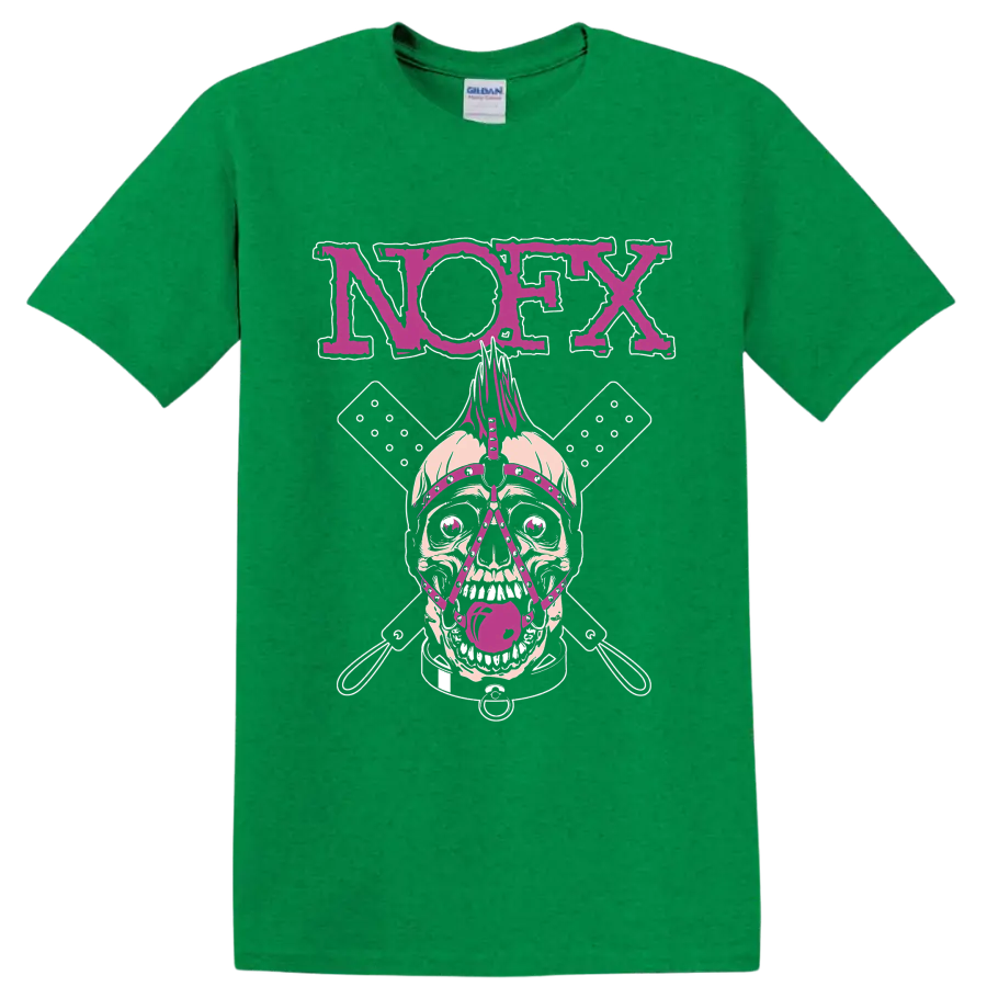 NOFX punk rock skull graphic with magenta lettering and crossed elements on a Antic Irish Green T Shirt