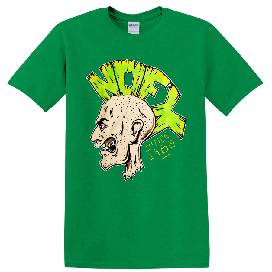 NOFX punk rock illustrated head with bright green mohawk and yellow lettering on a Antic Irish Green T Shirt