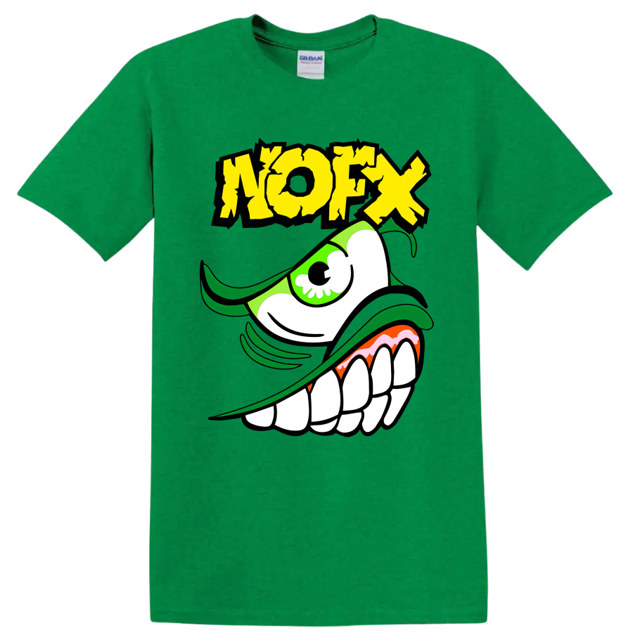 NOFX green monster punk rock graphic with distressed yellow lettering on a Antic Irish Green T Shirt