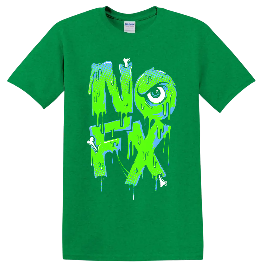 NOFX dripping punk rock band logo in neon green and blue on a Antic Irish Green T Shirt