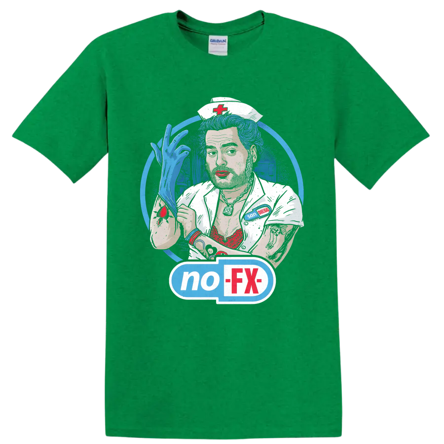 NOFX punk rock nurse illustration with blue hair and no-FX graphic on a Antic Irish Green T Shirt