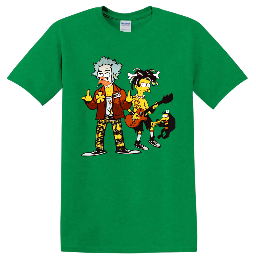 NOFX cartoon punk rock band with guitar and saxophone graphic on a Antic Irish Green T Shirt