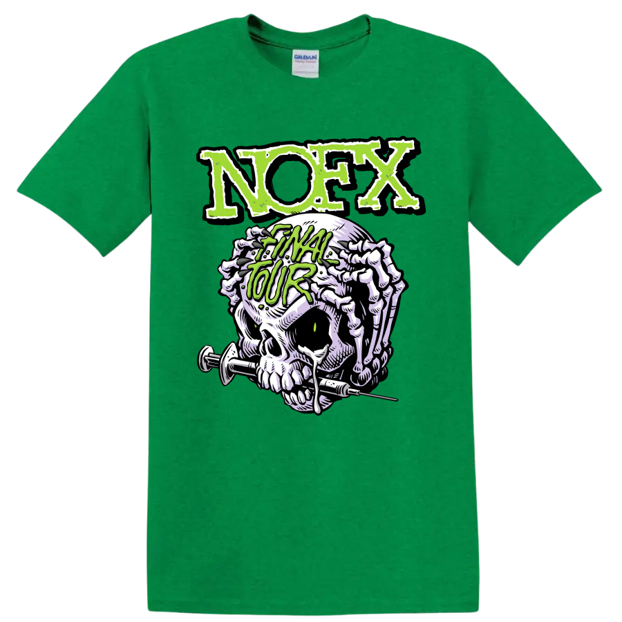 NOFX punk rock skull graphic with distressed green lettering on a Antic Irish Green T Shirt