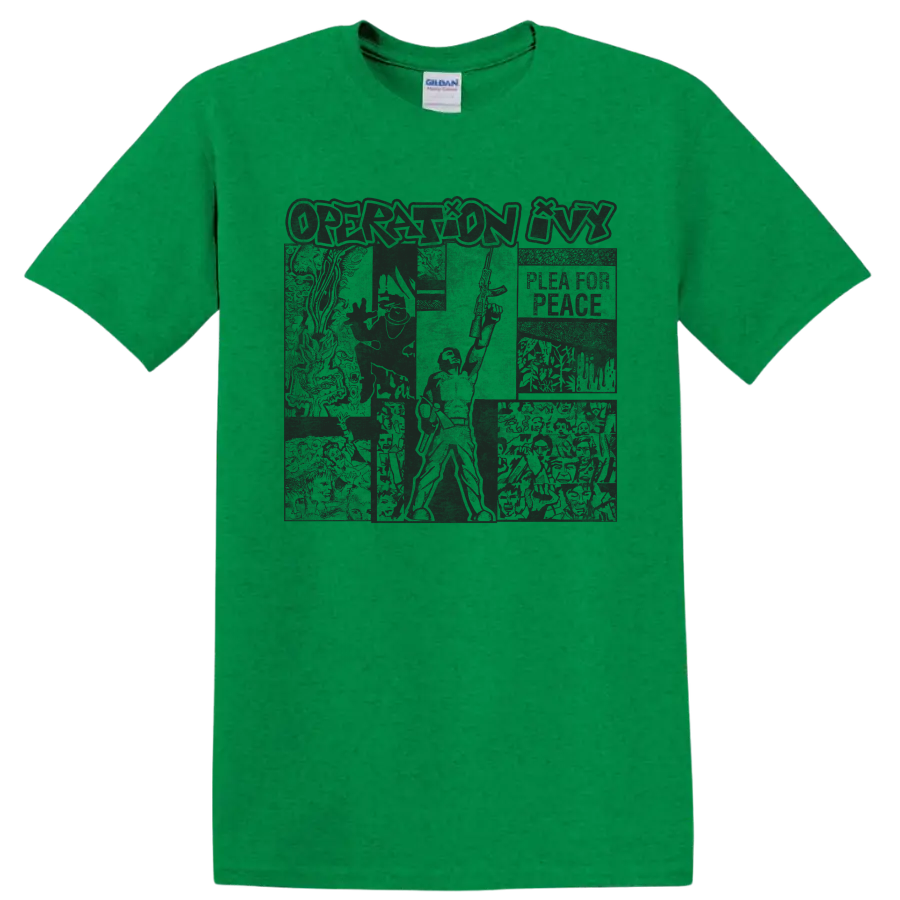 Operation Ivy distressed punk rock collage graphic on a Antic Irish Green T Shirt