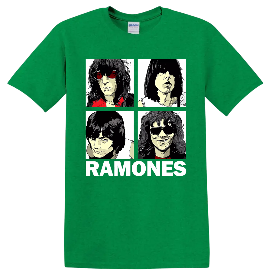 Ramones four-panel punk rock portraits with RAMONES lettering on a Antic Irish Green T Shirt