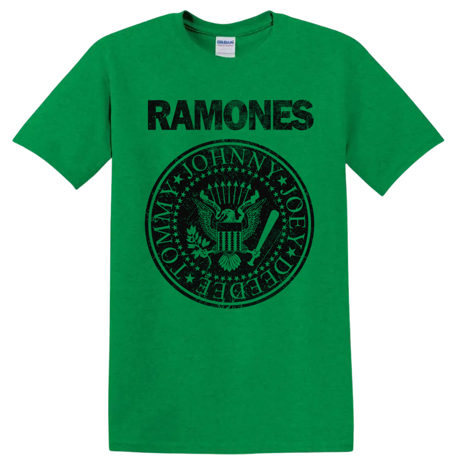 Ramones eagle seal graphic with vintage punk rock lettering on a Antic Irish Green T Shirt