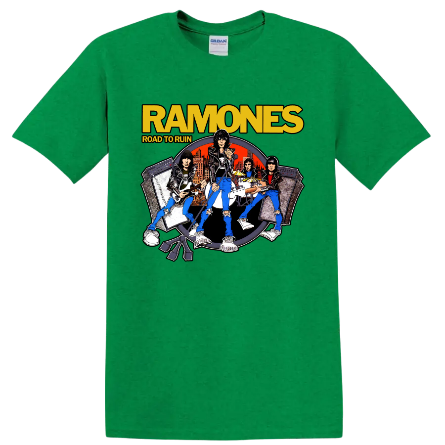 Ramones Road to Ruin illustrated punk rock band graphic print on a Antic Irish Green T Shirt