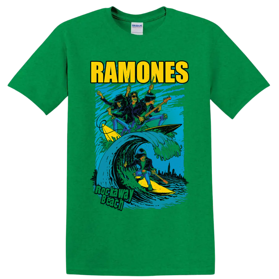 Ramones punk rock band surfing wave graphic with guitars on a Antic Irish Green T Shirt