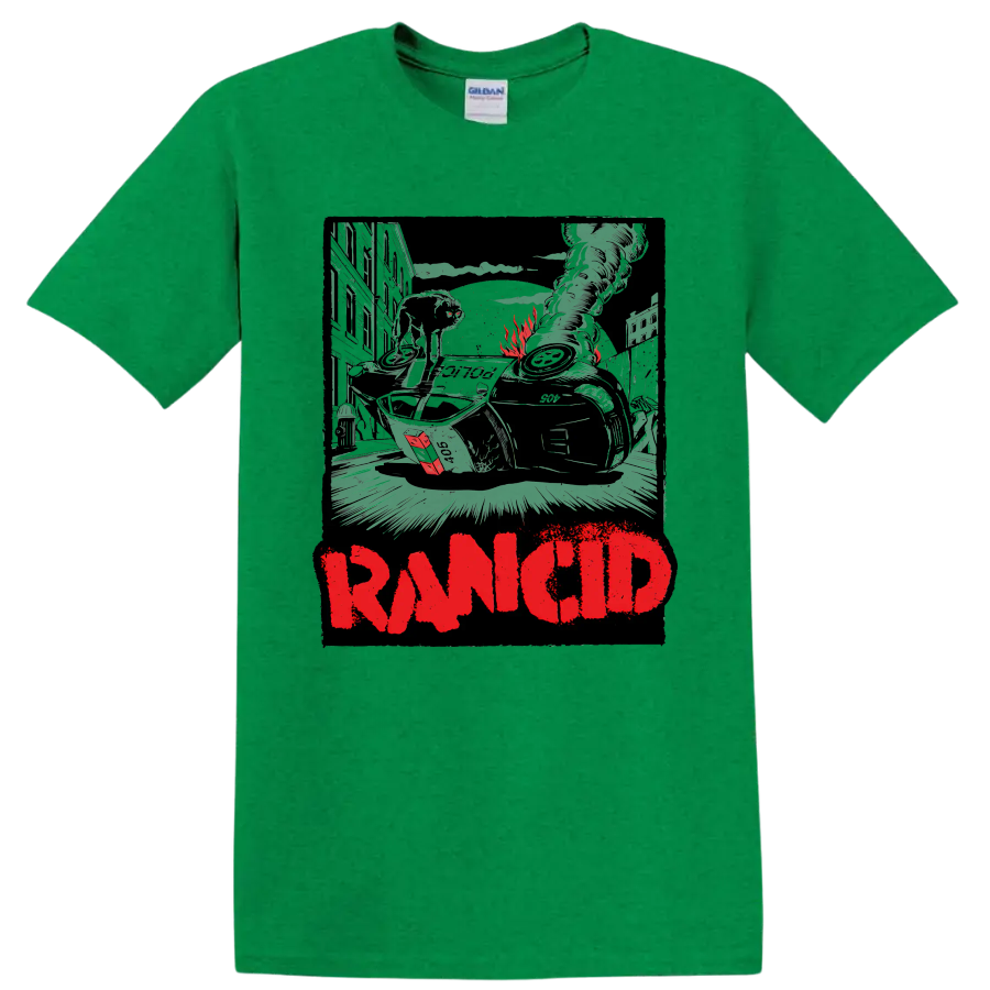 Rancid distressed punk rock graphic with urban wreckage and bold red lettering on a Antic Irish Green T Shirt