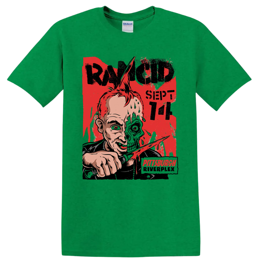 Rancid punk rock distressed half-skull artwork with Pittsburgh lettering on a Antic Irish Green T Shirt
