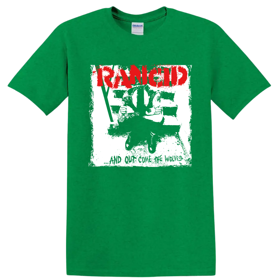 Distressed red Rancid logo with black and white punk artwork on a Antic Irish Green T Shirt